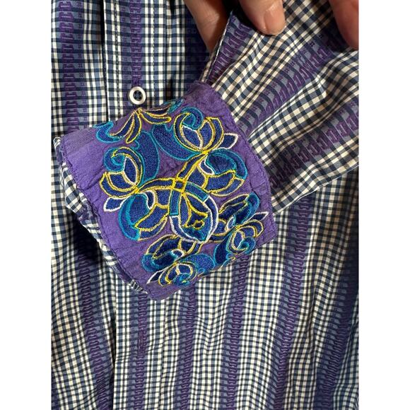 Robert Graham L Purple Striped Embroidered Flip Cuff Button Shirt Designer D59 - Picture 3 of 8